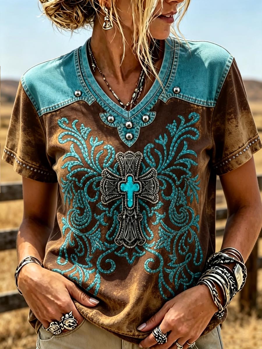 Western Turquoise Cross Cowboy Patchwork V-Neck T-Shirt