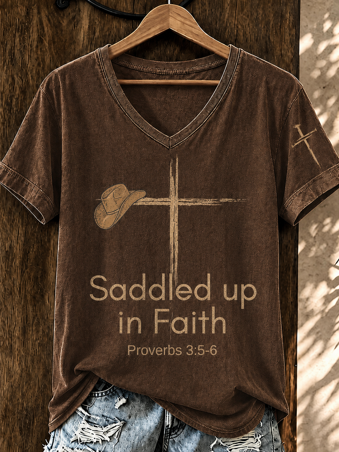 Women'S Retro WesternSaddled Up in Faith  V-Neck T-Shirt