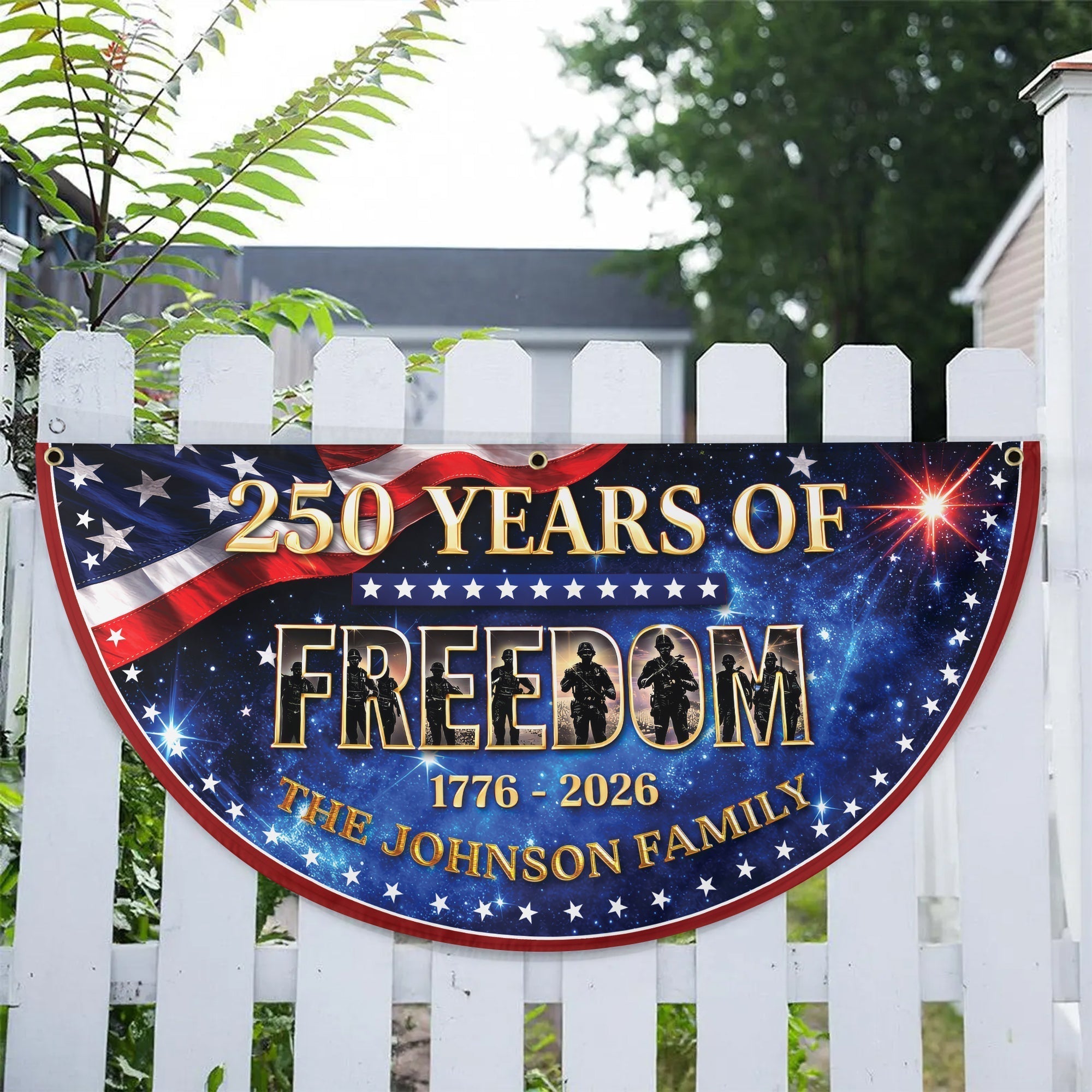 Custom Name 250 Years of Freedom 1776-2026 Veteran Semicircle Fence Flag