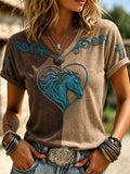 Women's Color-Blocked Turquoise Heart and Horse Print V-Neck T-Shirt