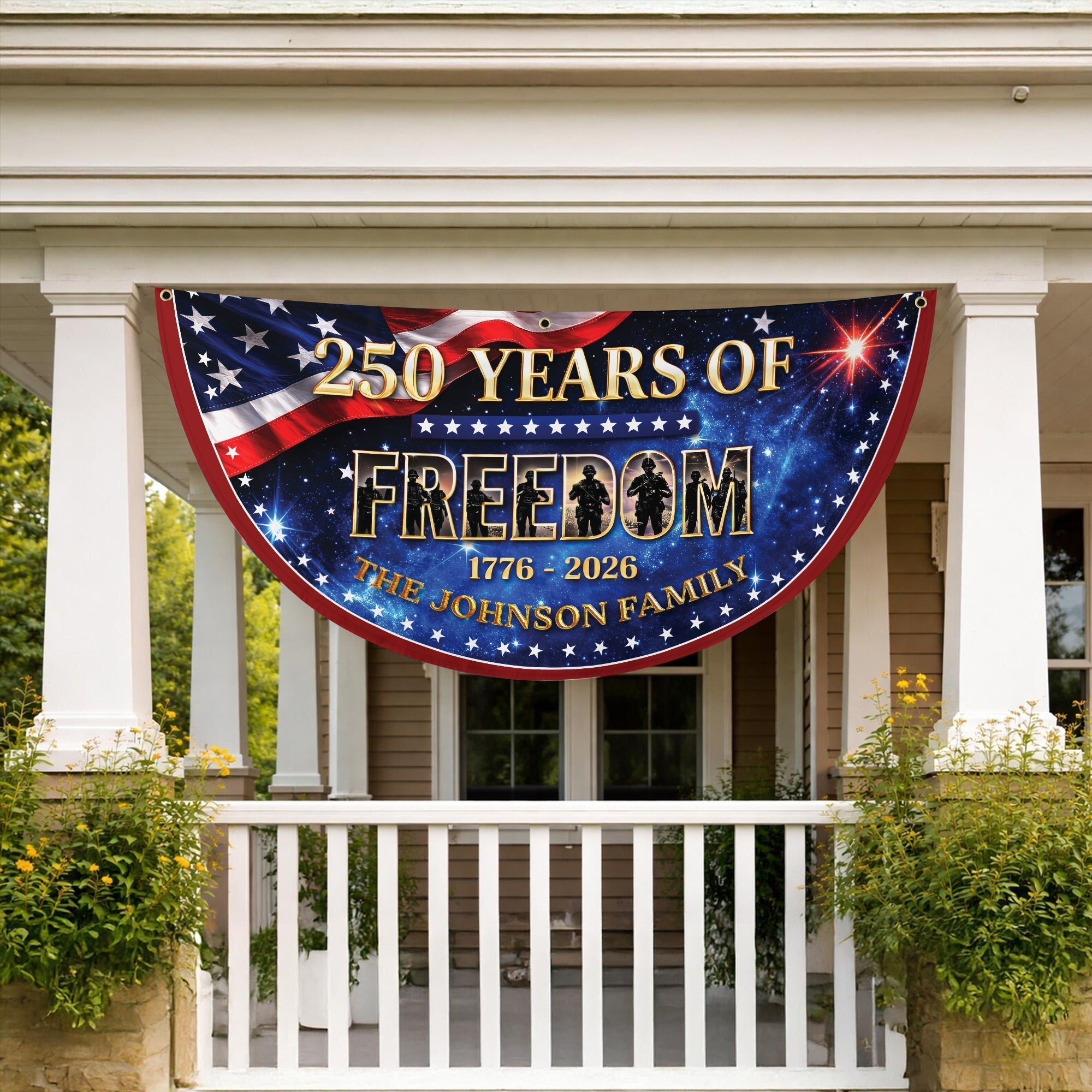 Custom Name 250 Years of Freedom 1776-2026 Veteran Semicircle Fence Flag