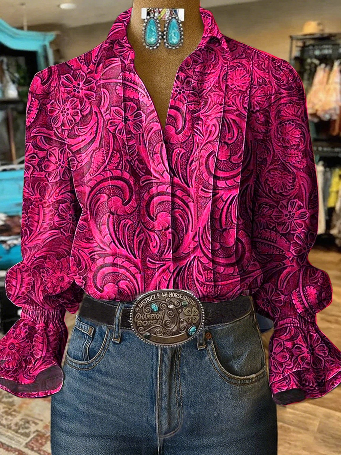 Camisa vaquera vintage de mujer con flores