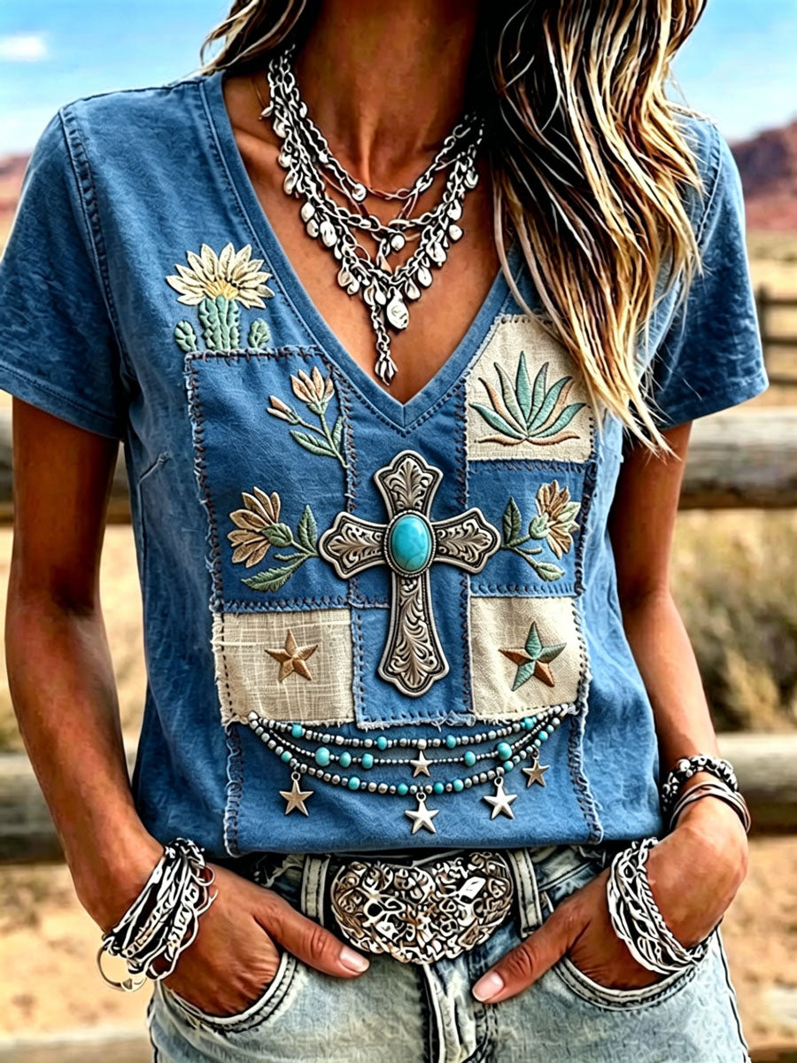 Camiseta informal de estilo western retro y de fe para mujer