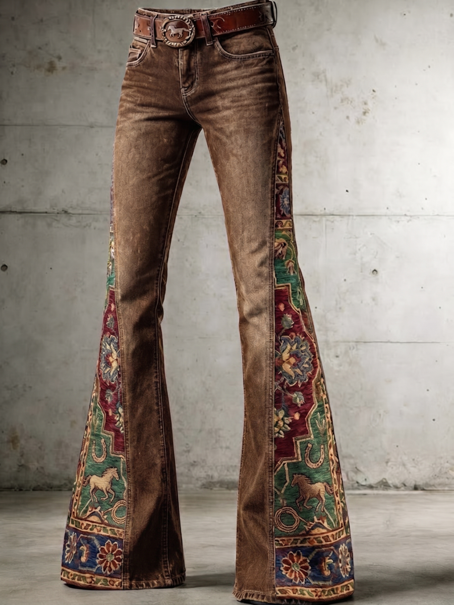 Women'S Retro Western Style Art Print Flare Printed Flared Trousers