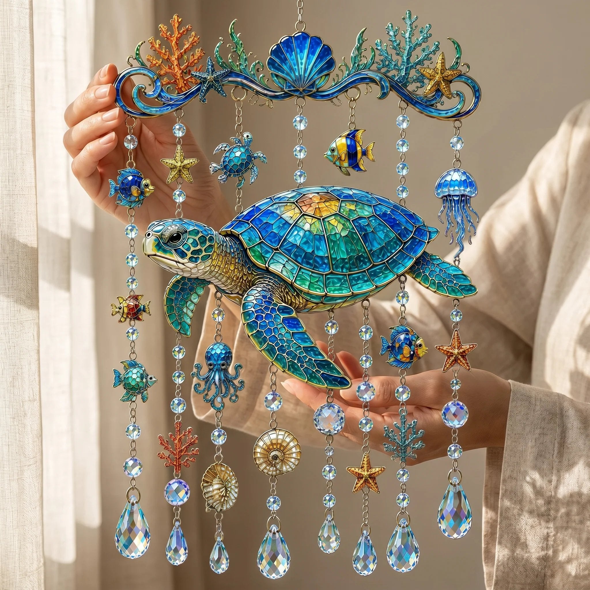 🔥🐋🐢🐬Ocean-Themed Crystal Wind Chime â€?🌊Bring the Ocean Glow to Your Garden