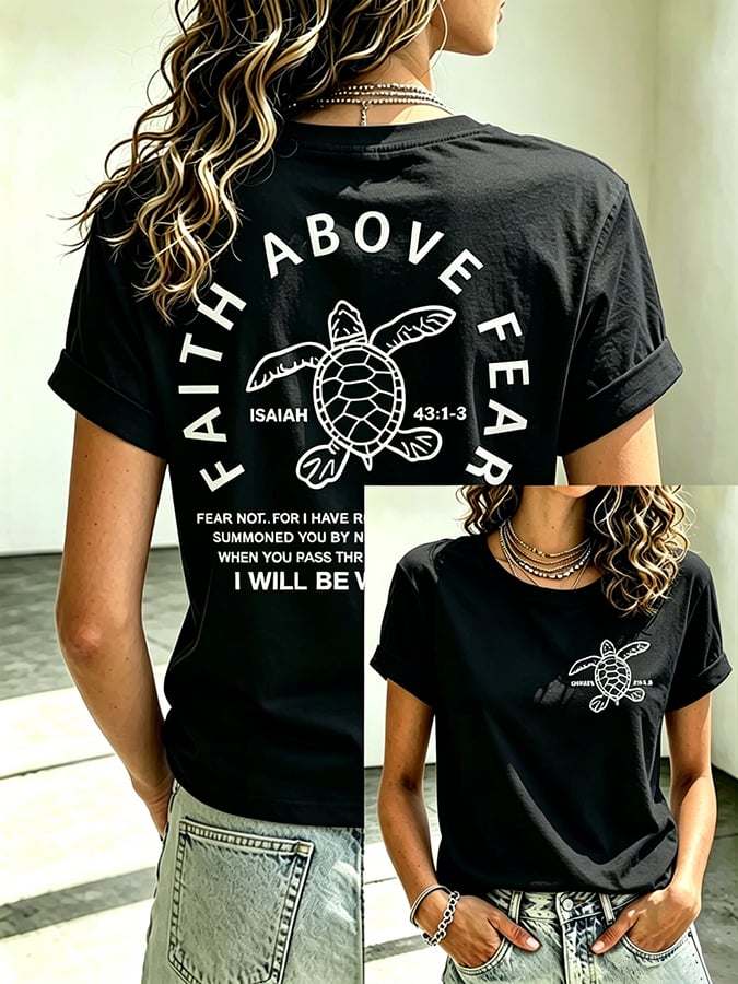 Camiseta estampada de fe para mujer, ideal para vacaciones y ocio en la playa, con tortuga marina y el mensaje «La fe por encima del miedo»