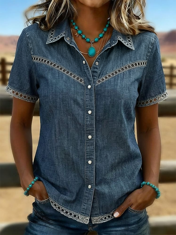 Camisa vaquera informal de color liso, estilo western retro y con detalles calados para mujer