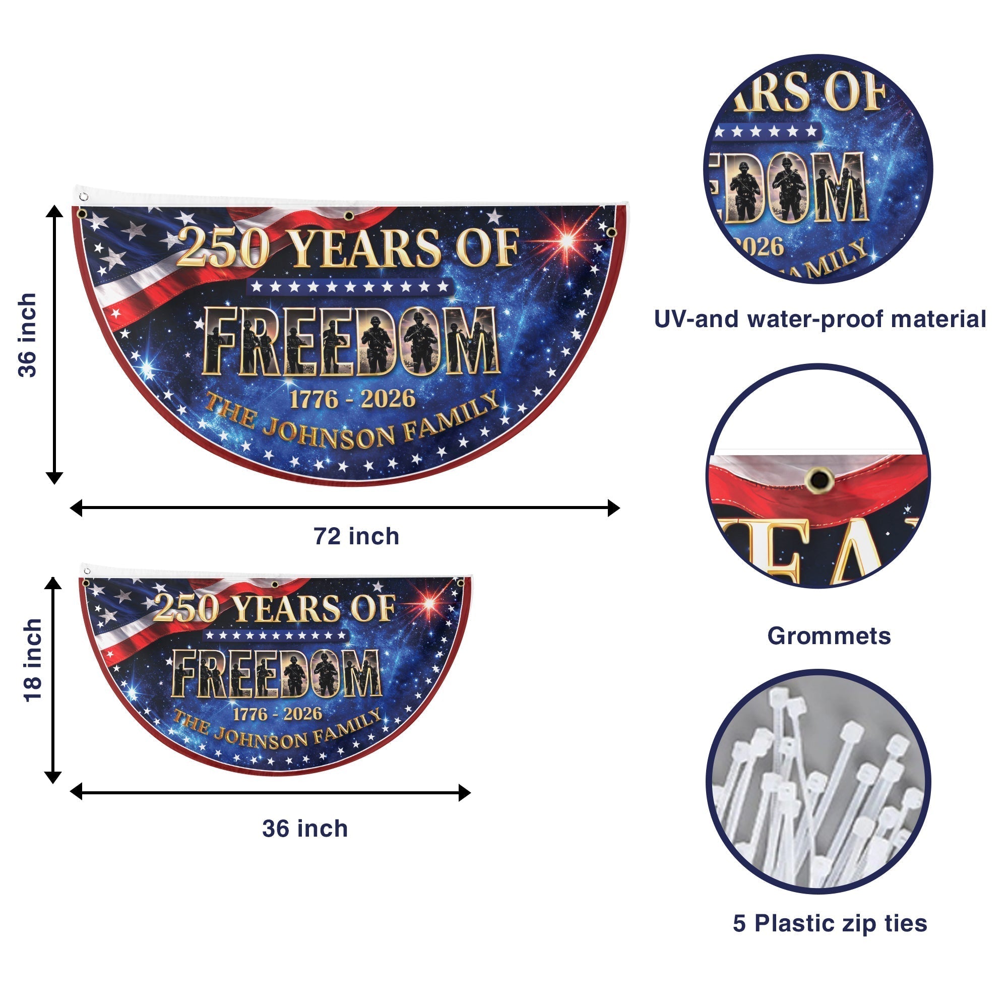 Custom Name 250 Years of Freedom 1776-2026 Veteran Semicircle Fence Flag