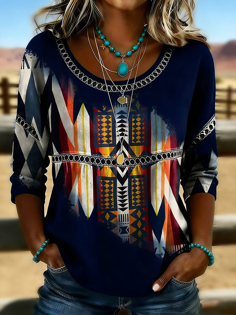 Top casual retro vaquero de mujer con estampado azteca