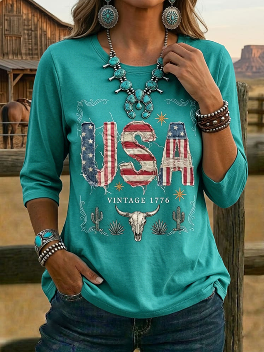 Top informal vintage para mujer con estampado de EE. UU. y manga tres cuartos