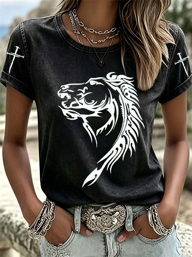 Camiseta casual de mujer de estilo vaquero con caballo y cruz