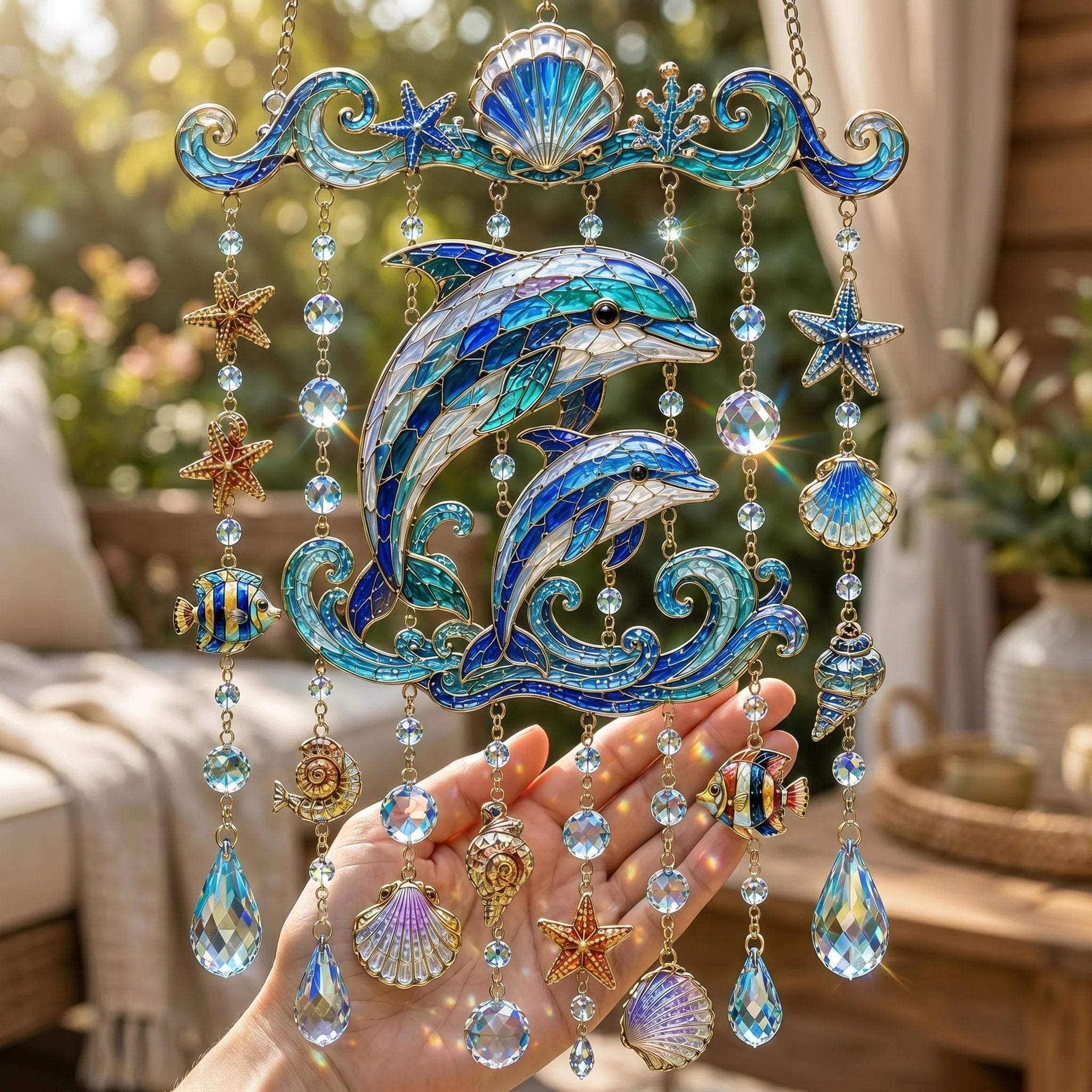 🔥🐋🐢🐬Ocean-Themed Crystal Wind Chime â€?🌊Bring the Ocean Glow to Your Garden