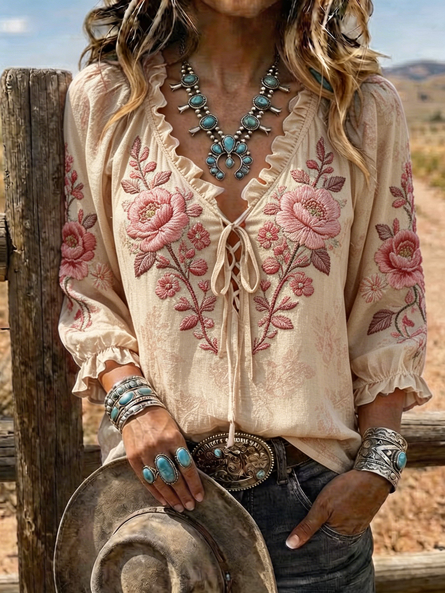 Blusa western floral de encaje y con cordones para mujer