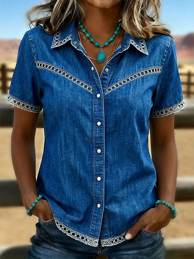 Camisa vaquera informal de color liso, estilo western retro y con detalles calados para mujer