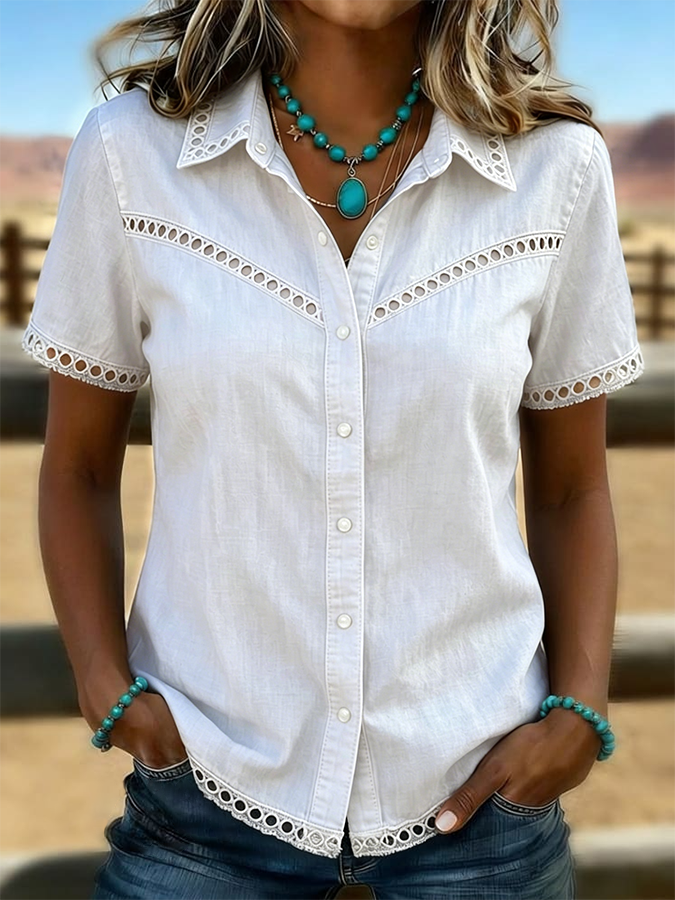 Camisa vaquera informal de color liso, estilo western retro y con detalles calados para mujer