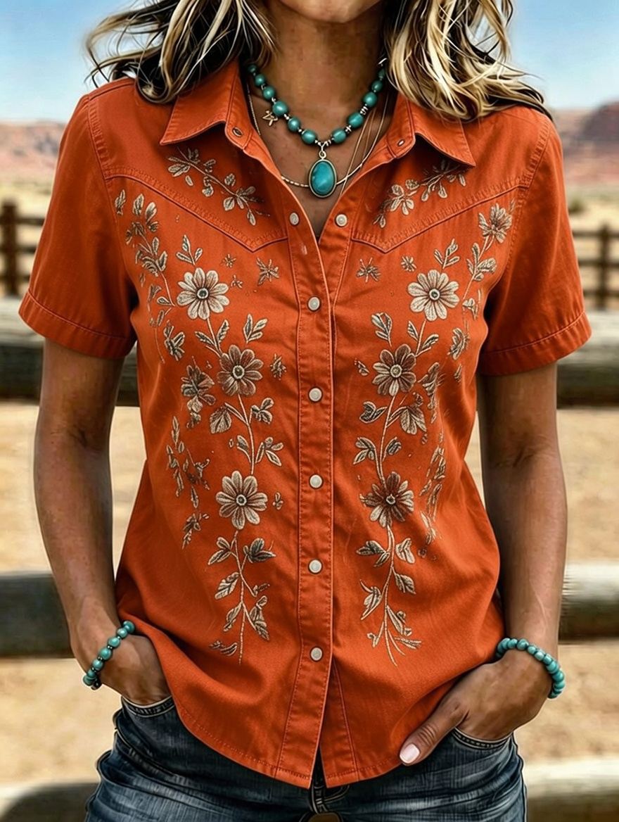 Camisa western de manga corta con bordado floral para mujer