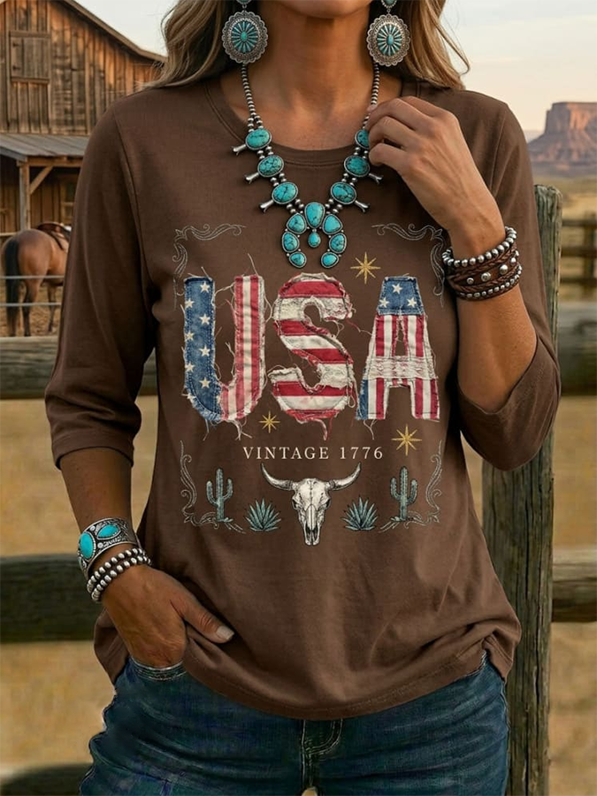 Women's Vintage USA Print Casual Half-sleeve Top