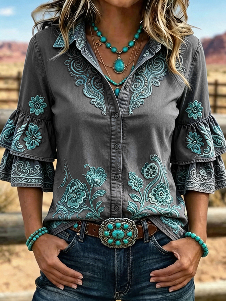 Camisa western para mujer con bordado floral paisley, solapa superpuesta, volante y mangas acampanadas