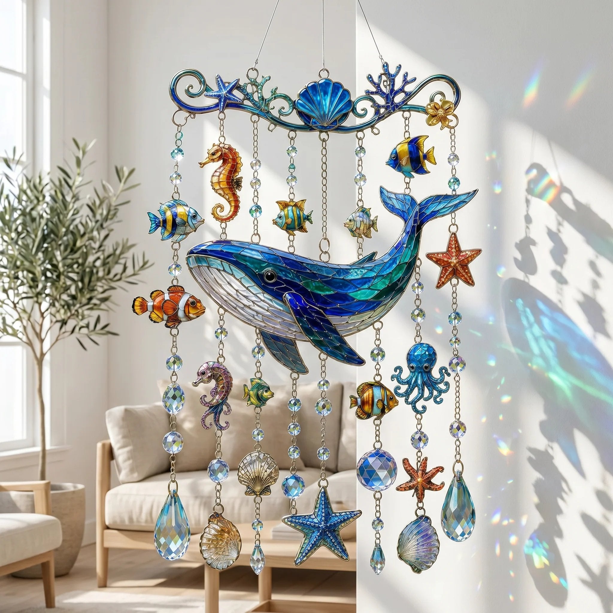 🔥🐋🐢🐬Ocean-Themed Crystal Wind Chime â€?🌊Bring the Ocean Glow to Your Garden