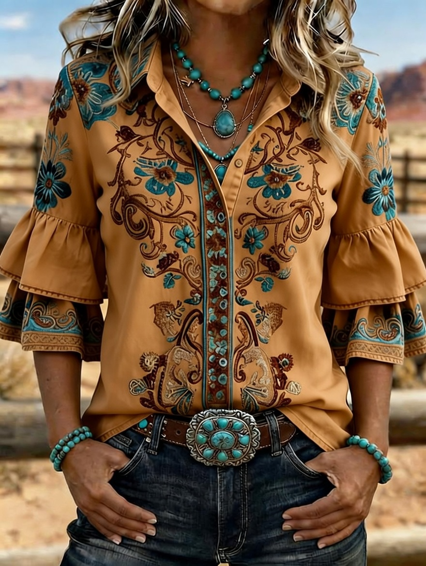 Camisa vaquera western para mujer con bordado floral y mangas acampanadas