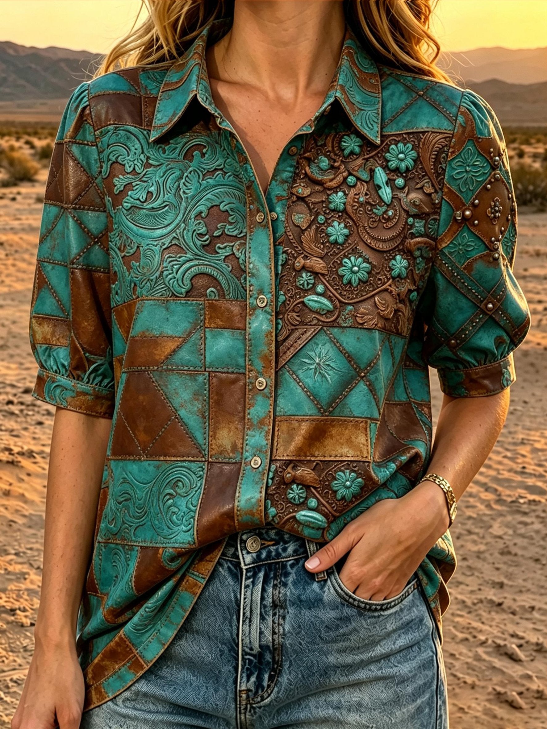 Women's Retro Western Print V-Neck Top