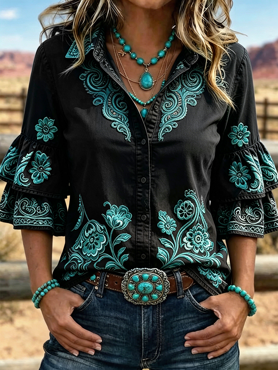 Women's Paisley Floral Embroidery Lapel Layer Ruffle Bell Sleeve Western Shirt