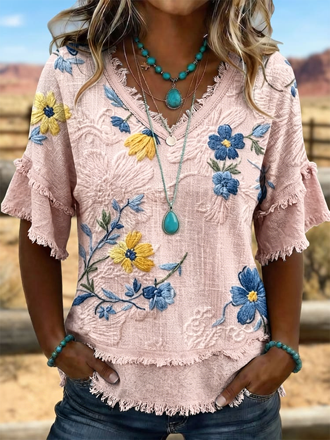 Camisa vintage para mujer de patchwork de arte, algodón y lino