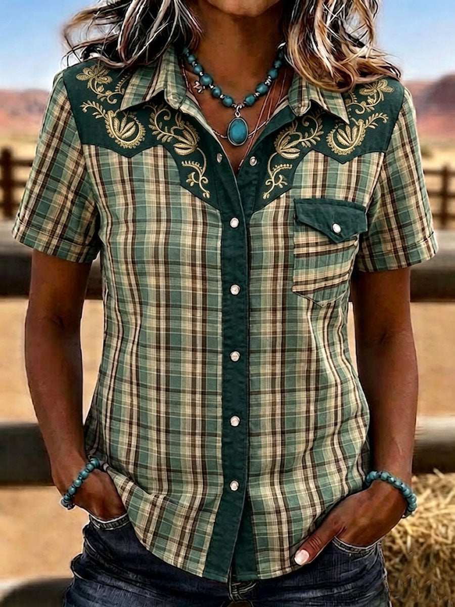 Camisa casual vintage de mujer con estampado floral, volantes y solapa