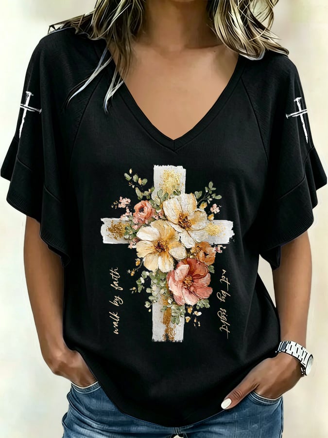 Camiseta casual de mujer con estampado «Camina por fe, no por vista»