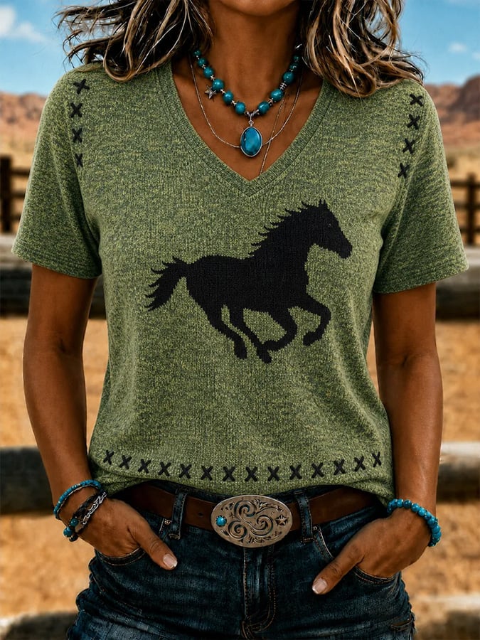 Women's Vintage-Style Western Print Top
