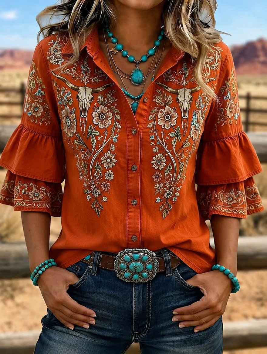 Camisa vaquera de mujer con calavera de toro bordada y mangas con volantes