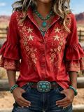 Women's Western Star Floral Embroidered Ruffle Sleeve Shirt