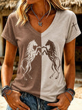 Women'S Retro Western Style Horse Print V-Neck T-Shirt