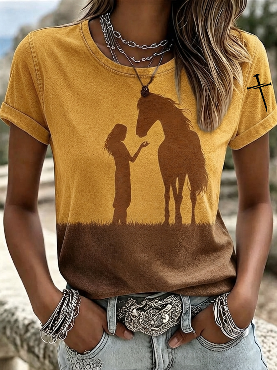 Women's Western Style Animal Cross Round Neck T-Shirt