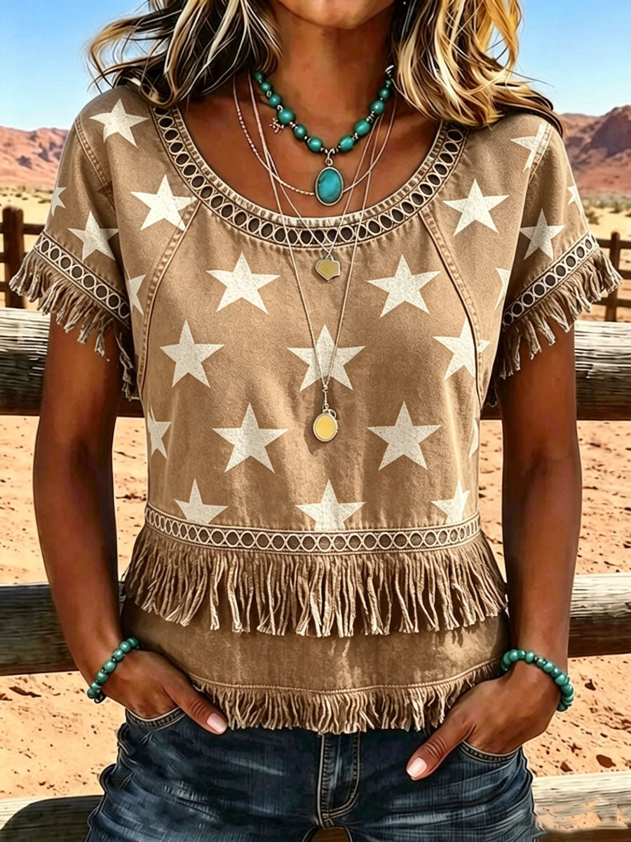 Camisa informal vintage de estilo western estadounidense para mujer, con motivo del 250.º aniversario y paneles con flecos
