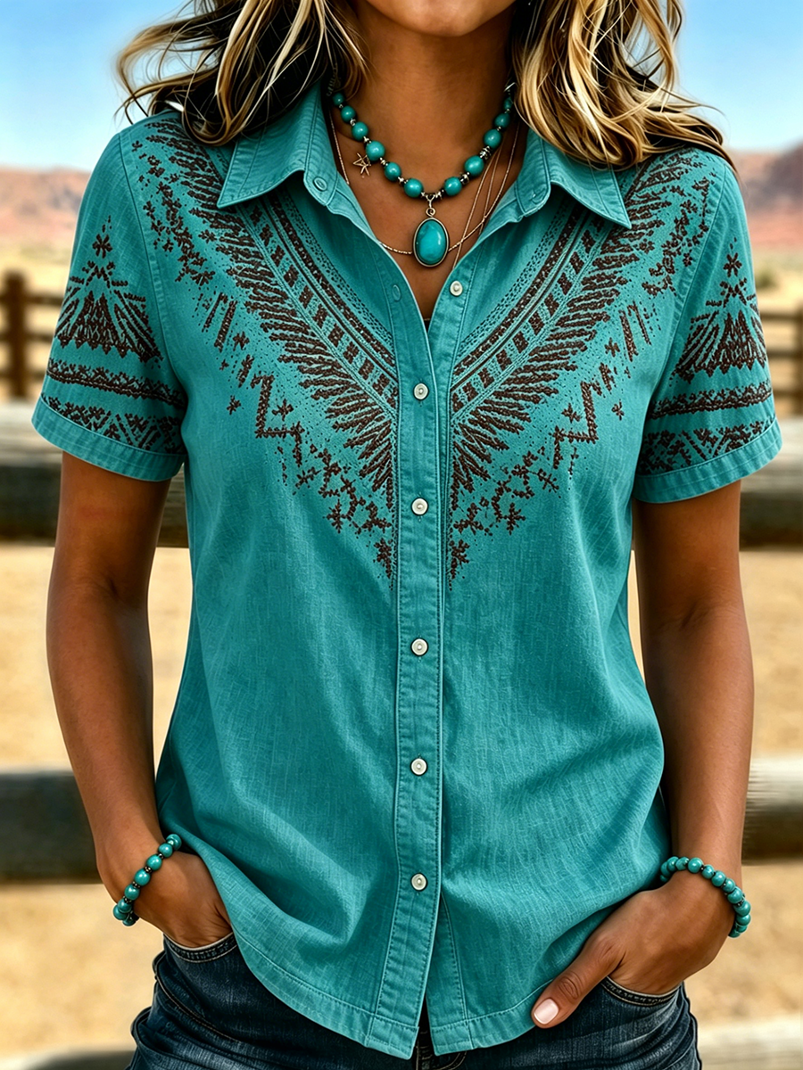 Women's Retro Western Style Printed Short Sleeved Shirt
