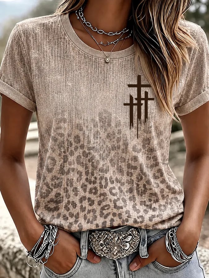 Women's Western-Style Vintage Cross-Print Casual T-Shirt