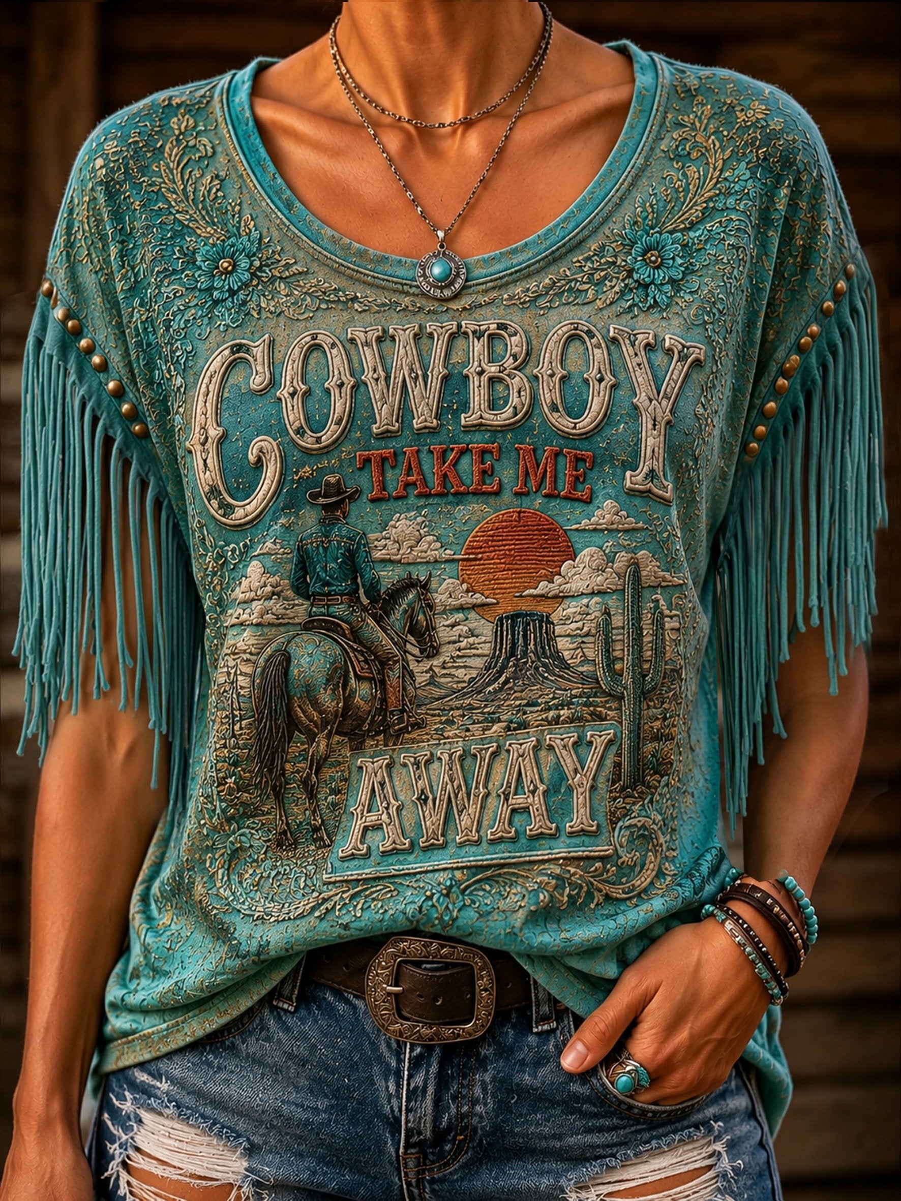 Women's classic denim print fringed round neck top (studs are part of the print).
