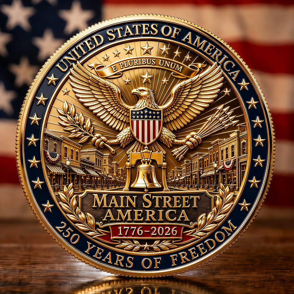 Main Street America 1776–2026 250th Anniversary Commemorative Coin | Double-Sided Patriotic Eagle & Liberty Bell Collectible Coin