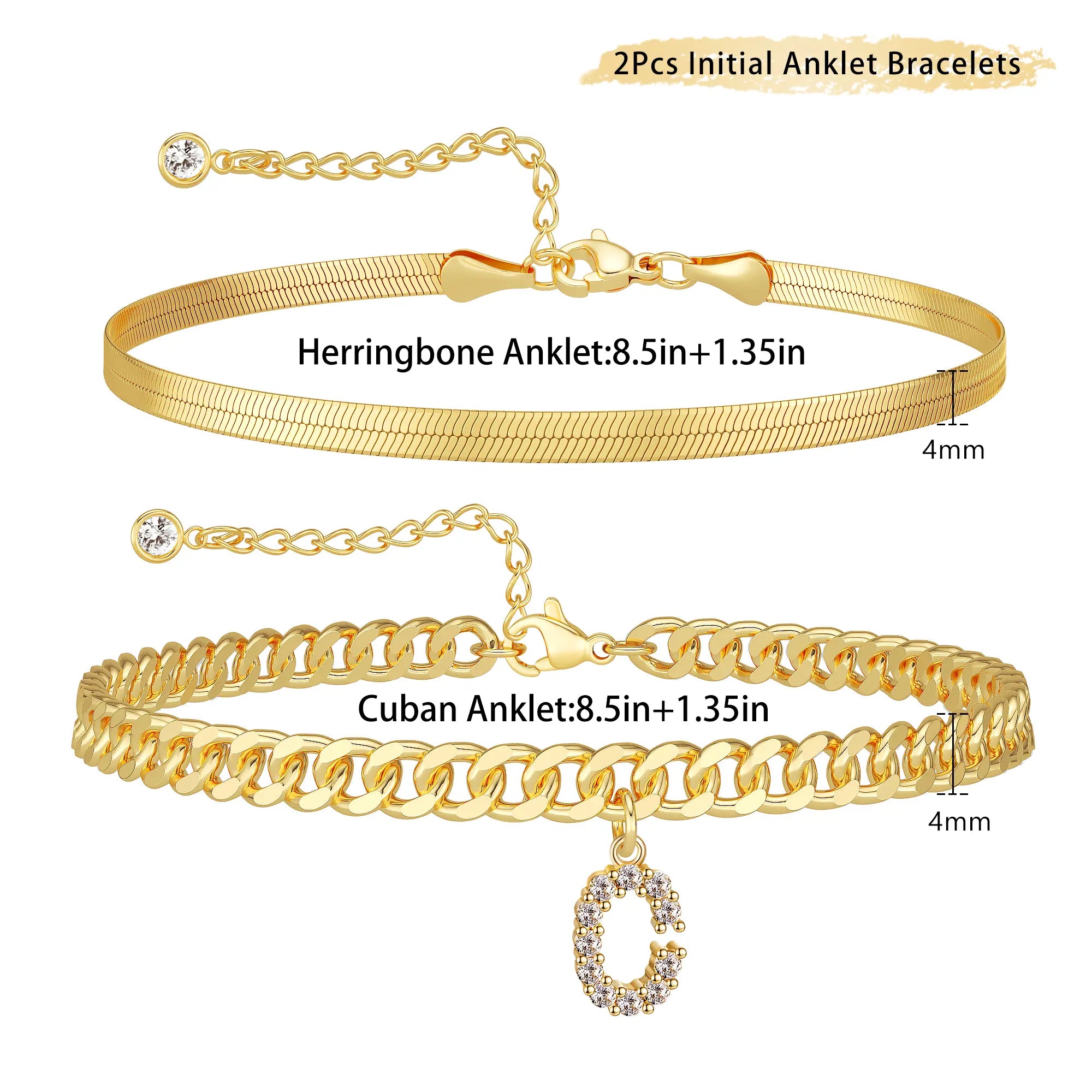 Women's Gold Stackable Anklet Set with Letter Pendant