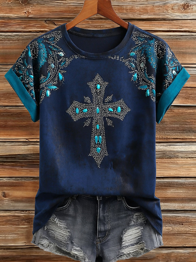 Camiseta de manga corta casual retro de mujer con estampado de fe