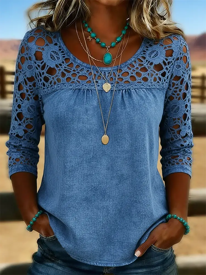 Camisa vaquera informal holgada de color liso con encaje para mujer