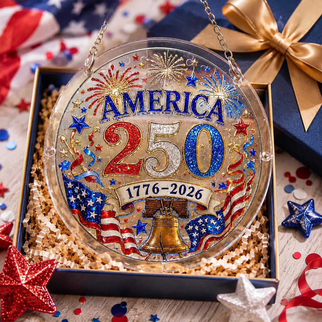 America 250 Acrylic Puzzle Suncatcher Ornament – 1776–2026 Patriotic Hanging Window Décor with Fireworks