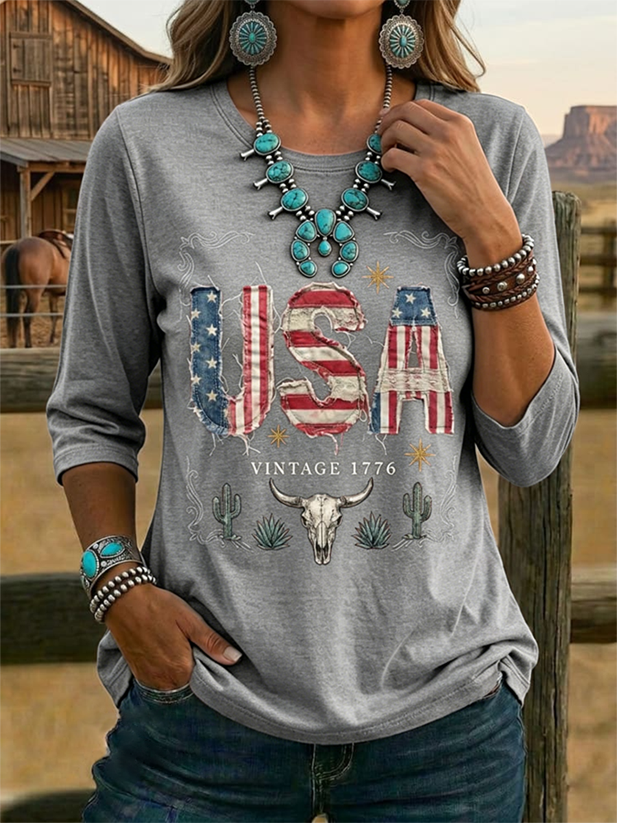 Top informal vintage para mujer con estampado de EE. UU. y manga tres cuartos