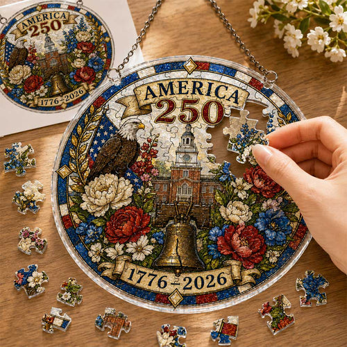 Adorno colgante de rompecabezas acrílico America 250 – Decoración patriótica atrapasol de 1776–2026
