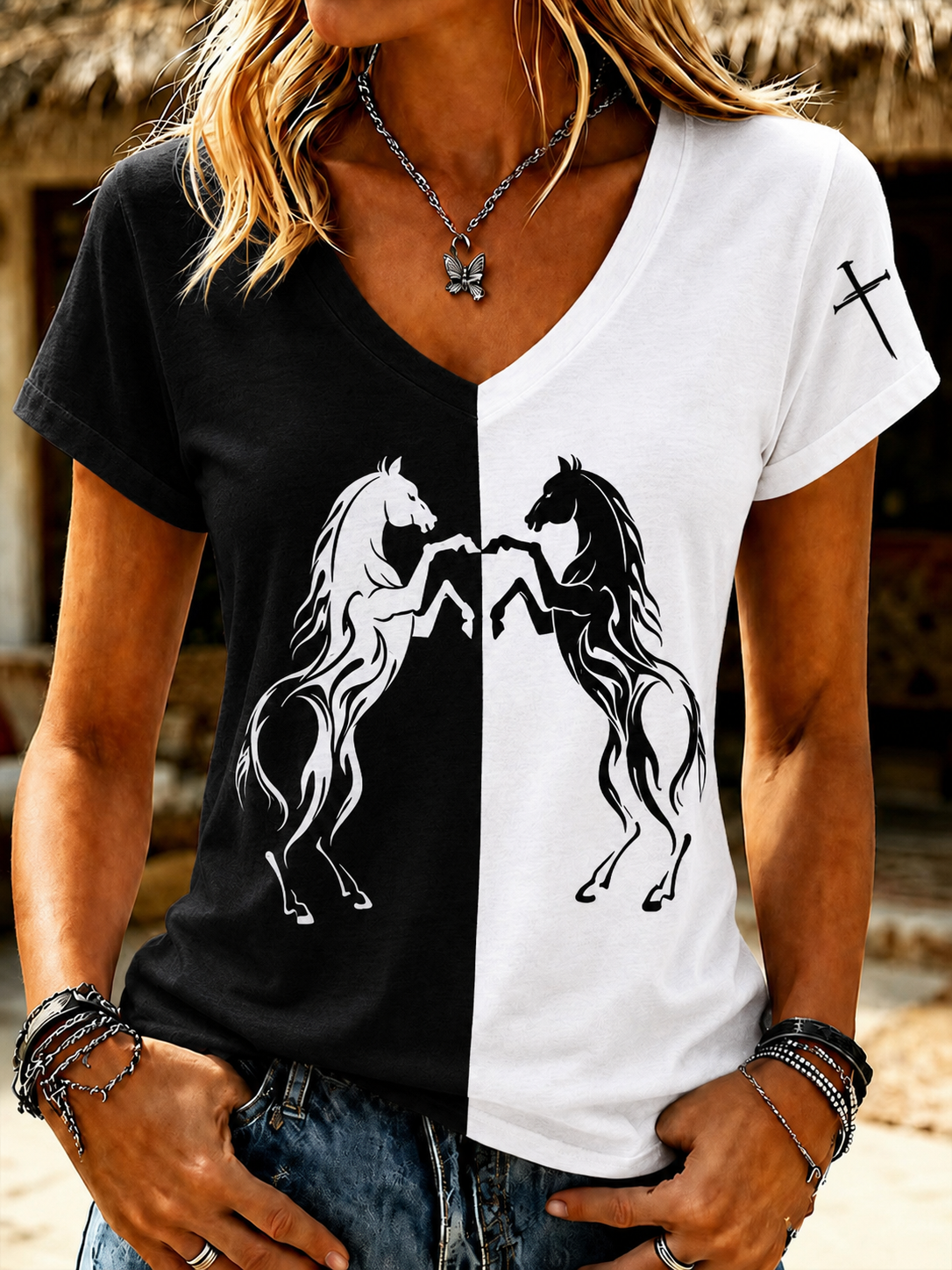 Damen Retro Western Stil Pferdedruck V-Ausschnitt T-Shirt