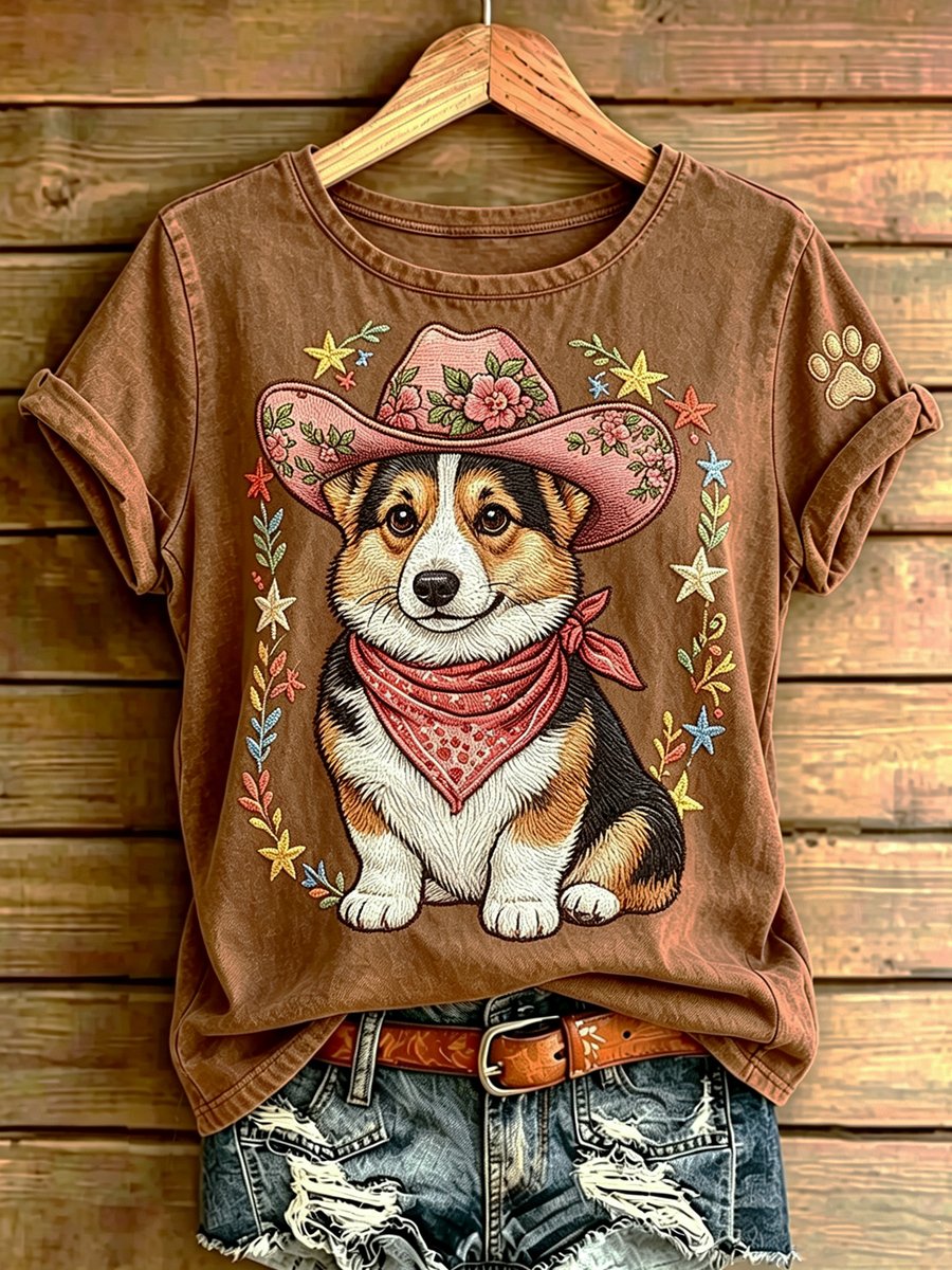Women's Western Country-Style Corgi Crewneck T-Shirt