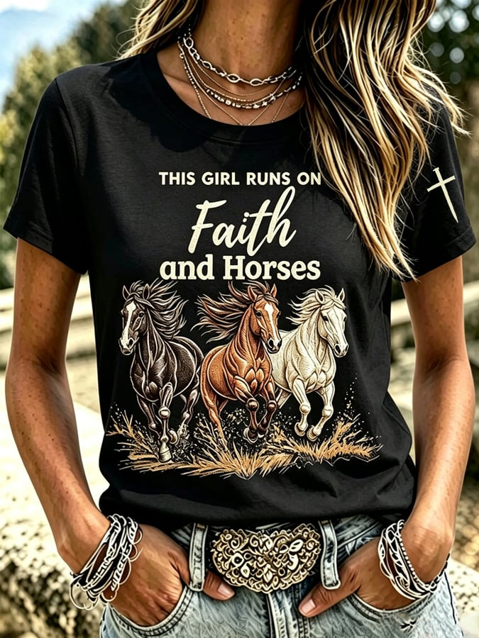 Camiseta vintage de mujer con estampado western y mensaje de fe