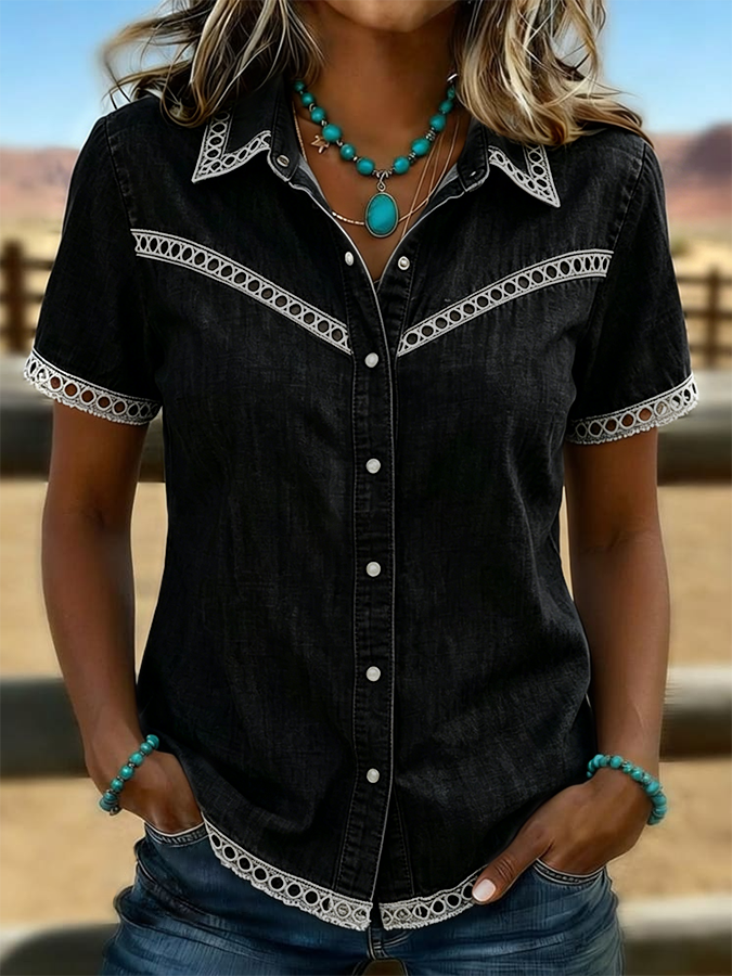 Camisa vaquera informal de color liso, estilo western retro y con detalles calados para mujer