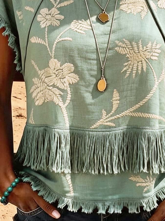 Women'S Casual Tassel Patchwork Printed Top